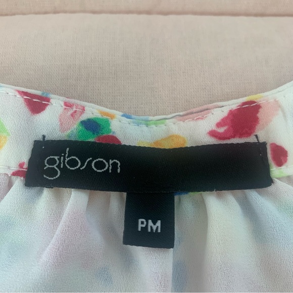 GIBSON size MP dress white background with colorful print tie at neck gorgeous - Picture 6 of 12